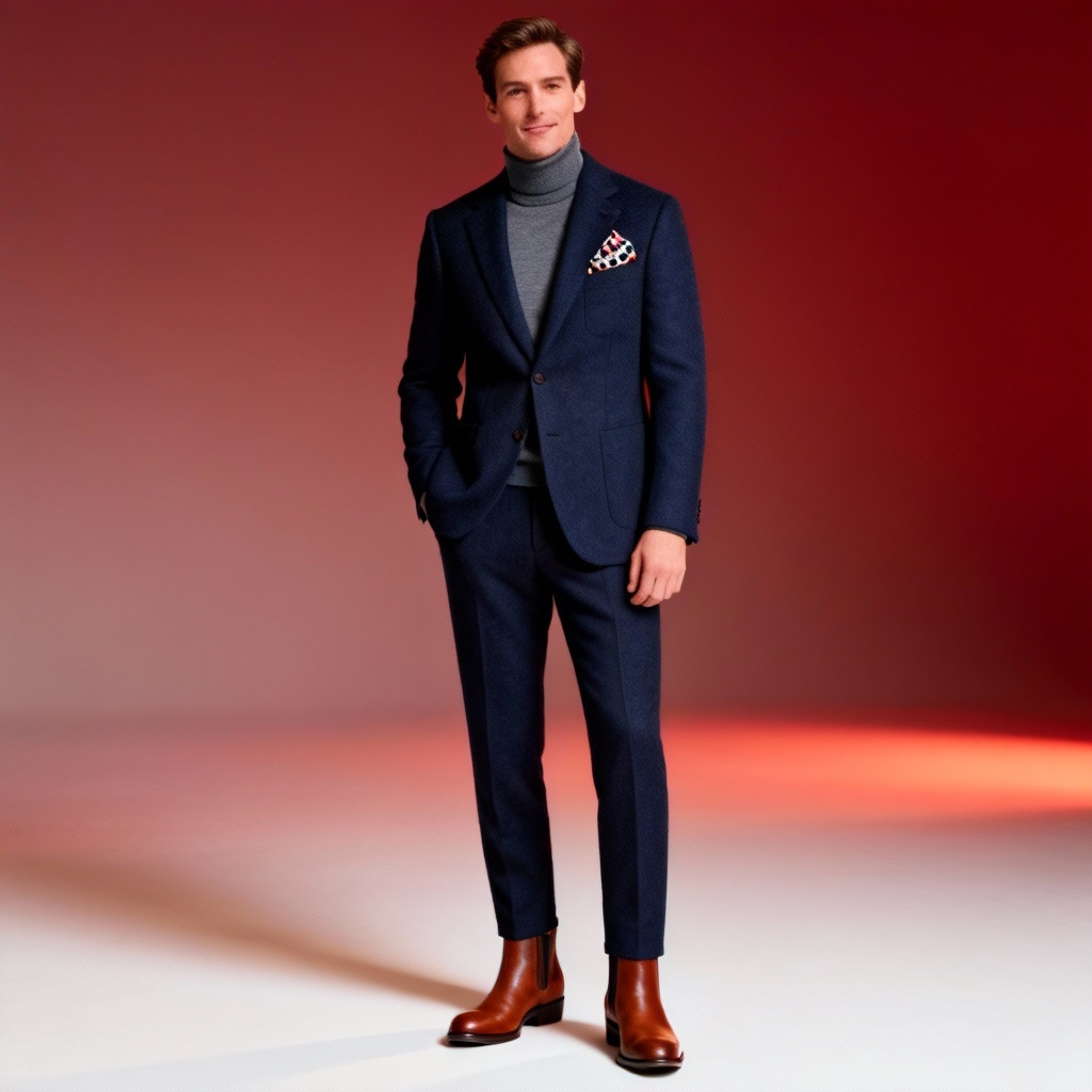 AI men's Christmas party outfit with navy suit and turtleneck
