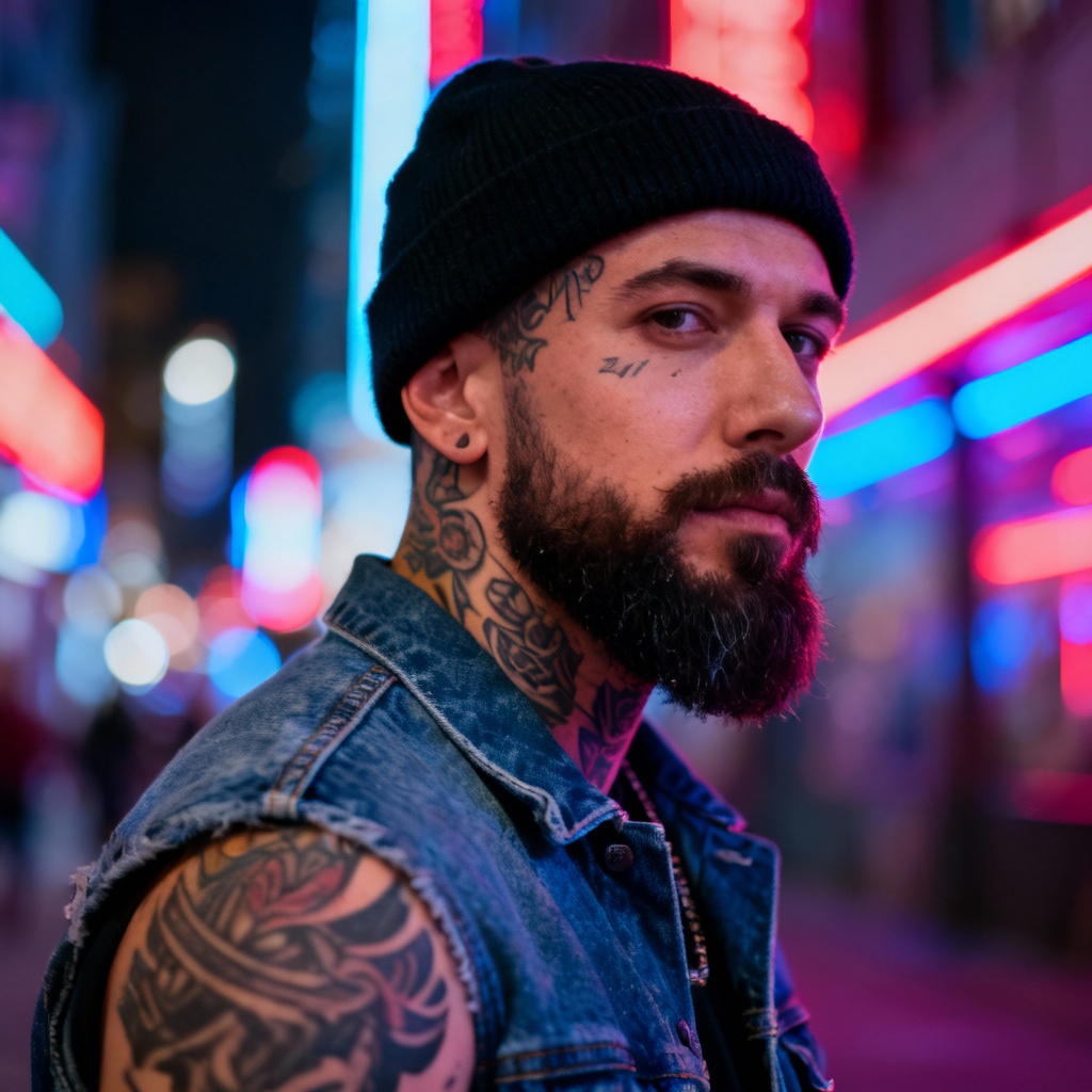 AI artistic masculine portrait with tattoos and streetwear