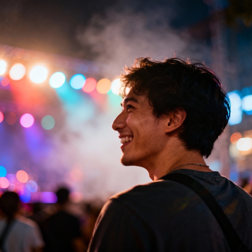 AI candid festival crowd with stage lights