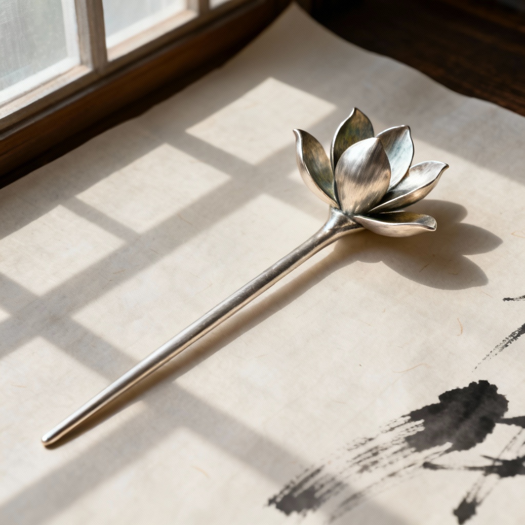 Silver magnolia hairpin inspired by Song dynasty minimalism