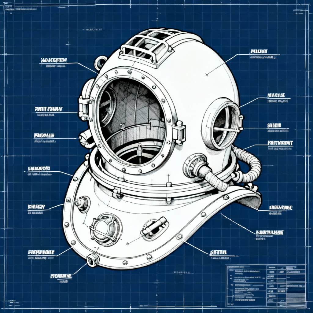 AI blueprint cutaway of diving helmet