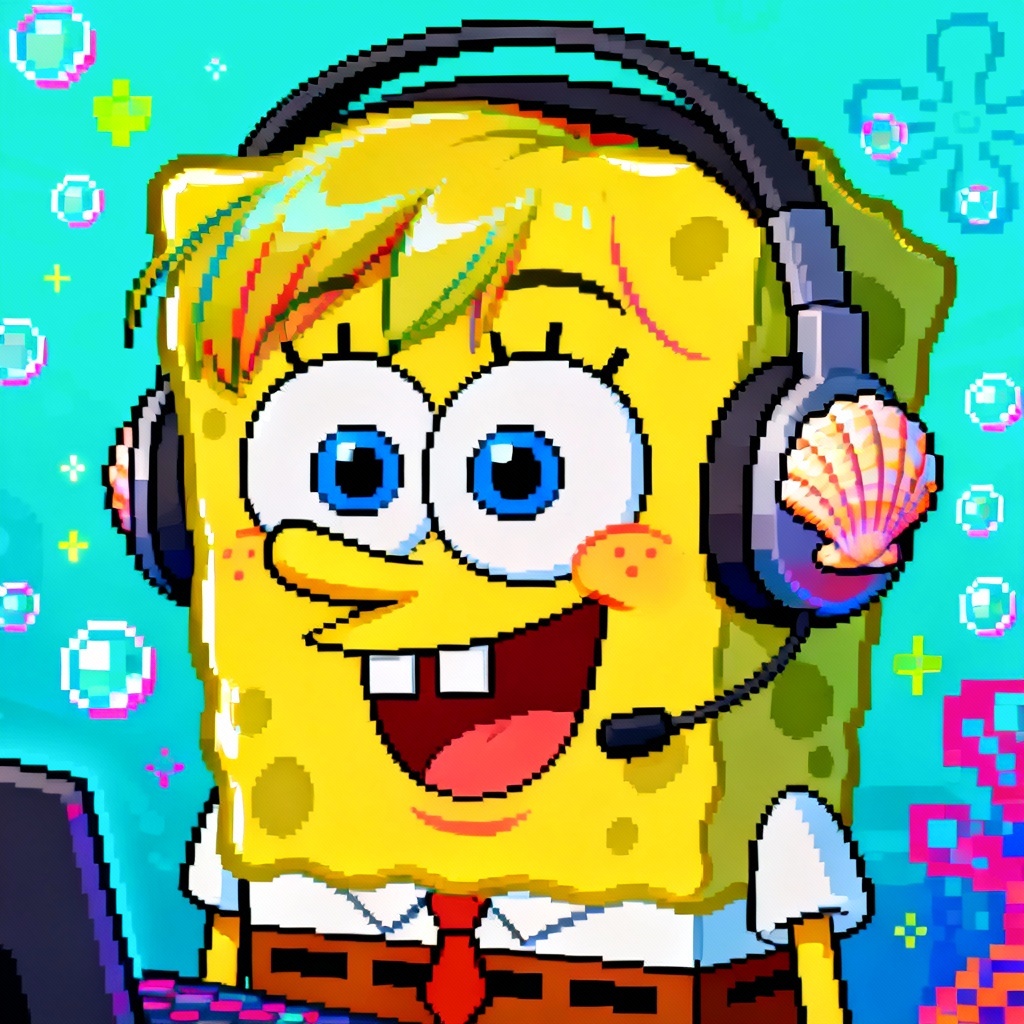 AI Spongebob style gamer avatar with headset and pixel bubbles