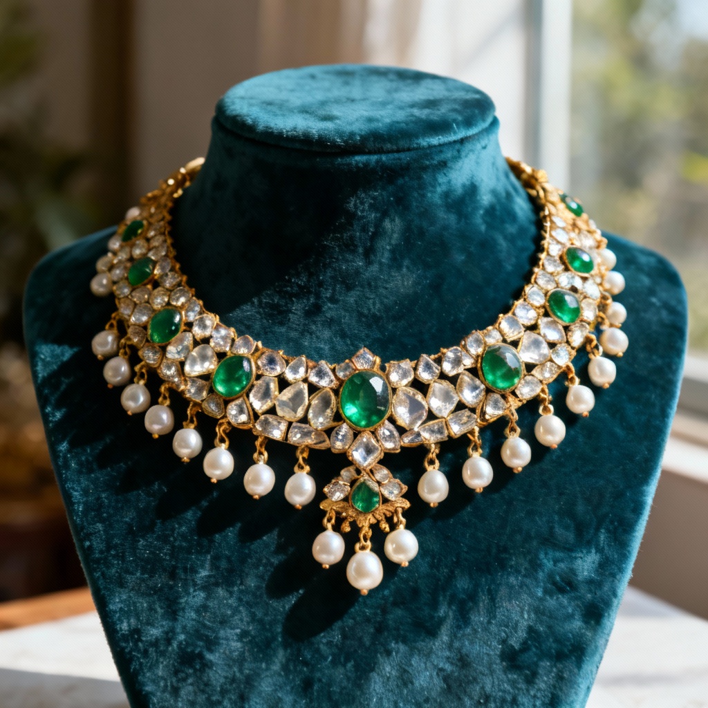 AI Polki diamond choker with emerald cabochons and pearls