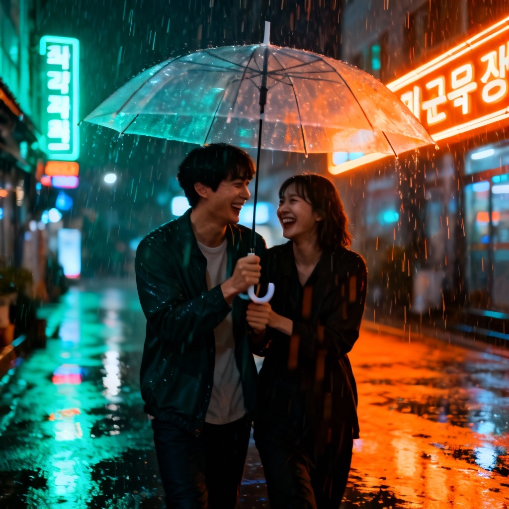 AI Korean couple sharing umbrella on rainy neon street