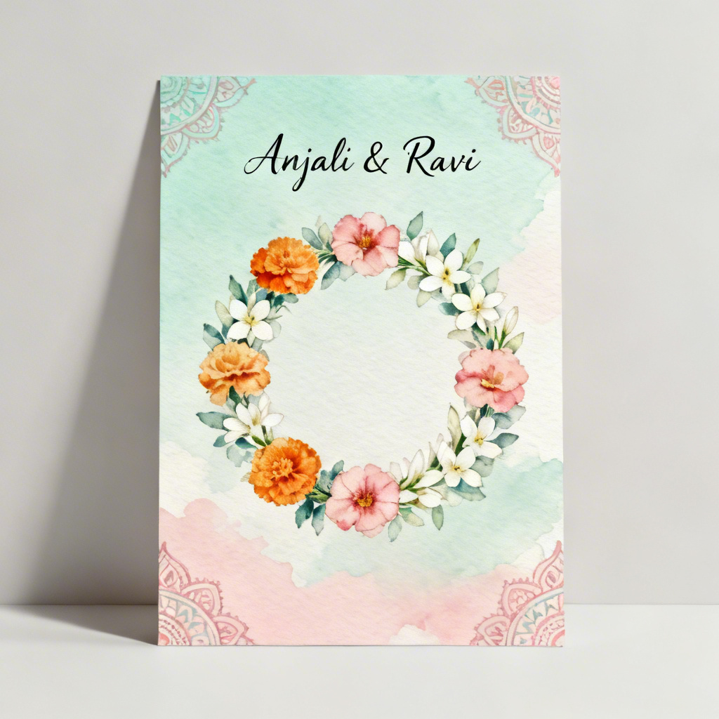 AI pastel floral mehendi Indian wedding invitation with watercolor flowers