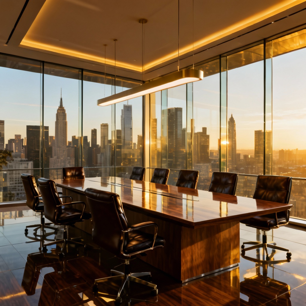 AI corporate boardroom with glass walls and city view