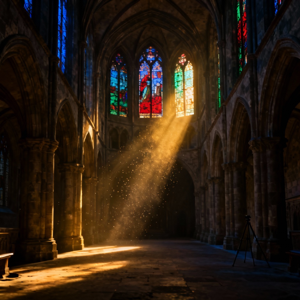 Empty cathedral aisle with somber light and long shadows