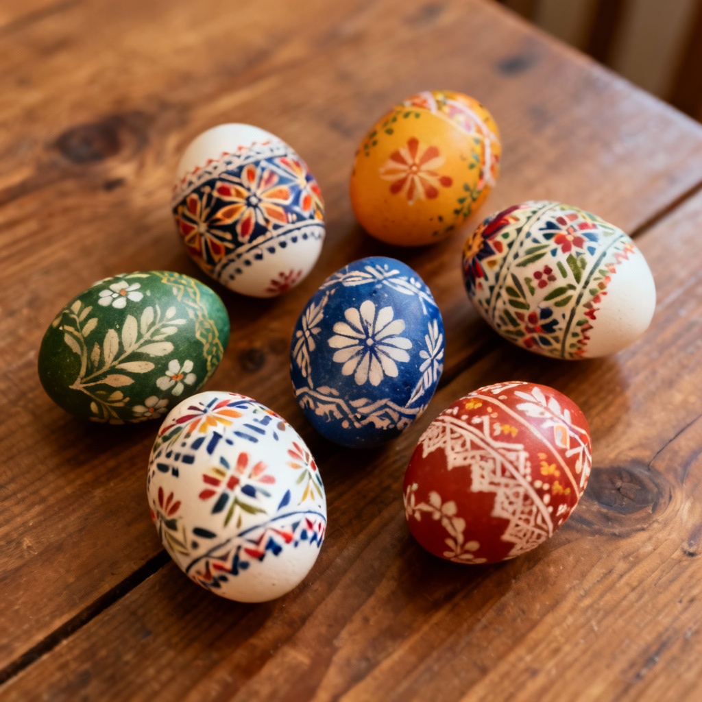 AI flatlay of painted Romanian Easter eggs