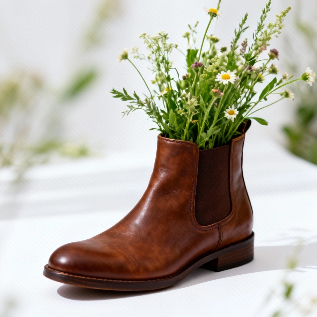 AI boot filled with wildflowers in a clean studio setup