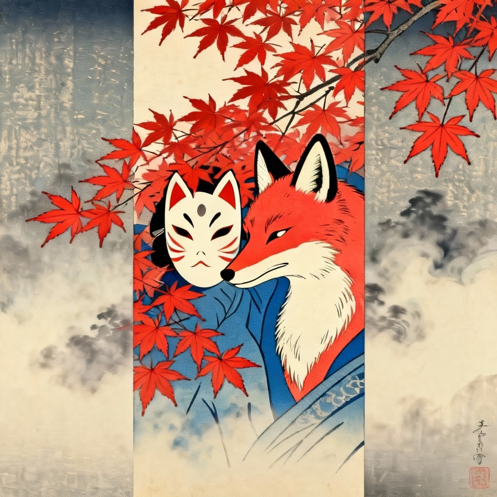 AI ukiyo-e fox yokai spirit under maple leaves