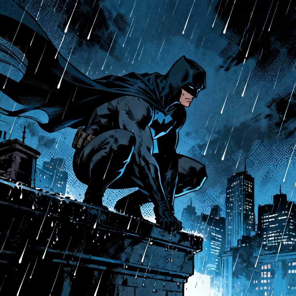 AI DC-style rooftop vigilante in rain