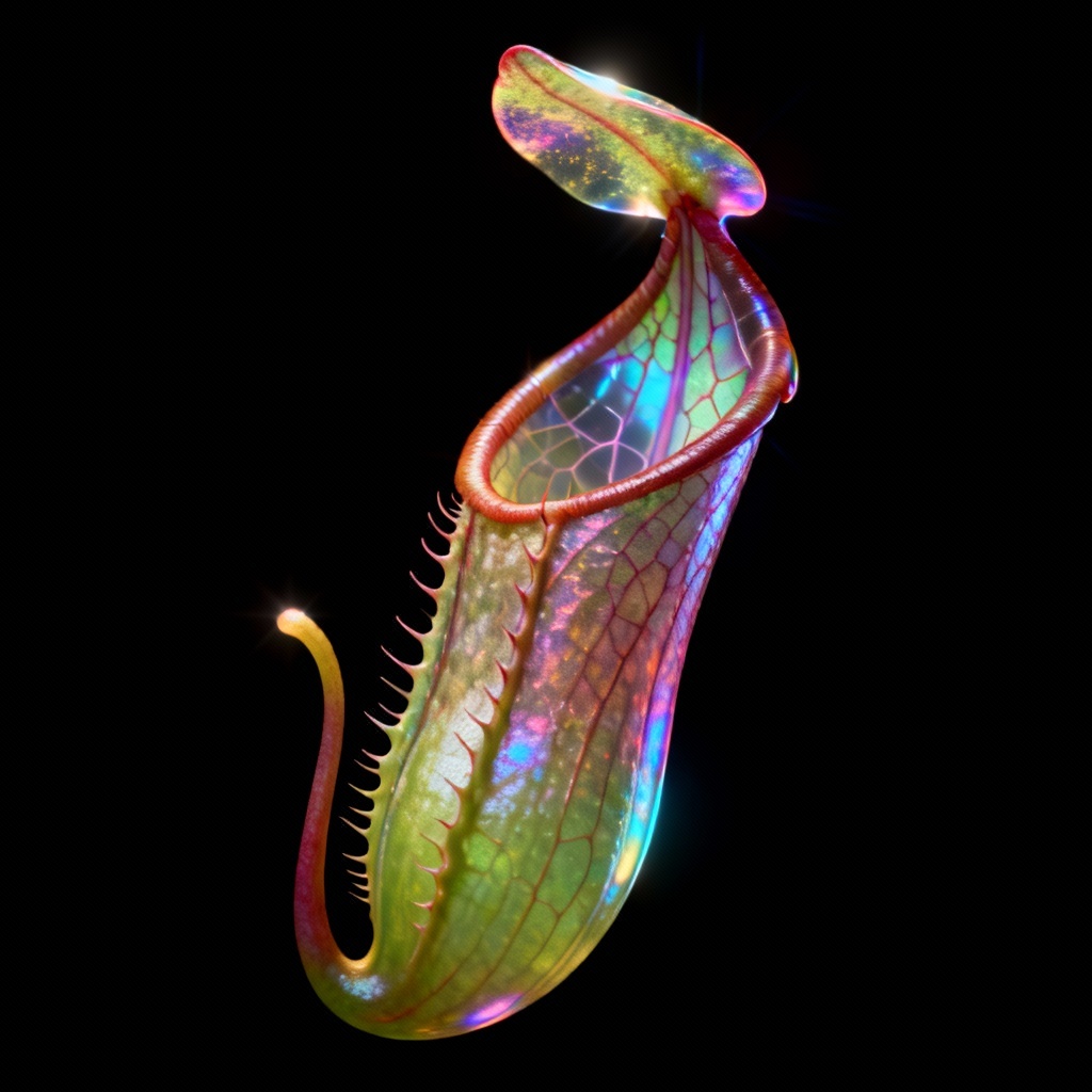 Sci-fi carnivorous pitcher plant with iridescent colors