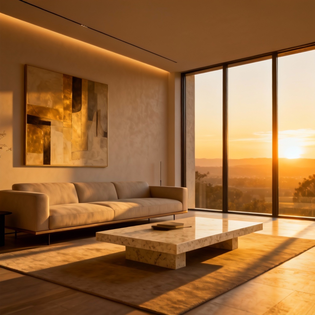 AI modern minimal living room at sunset