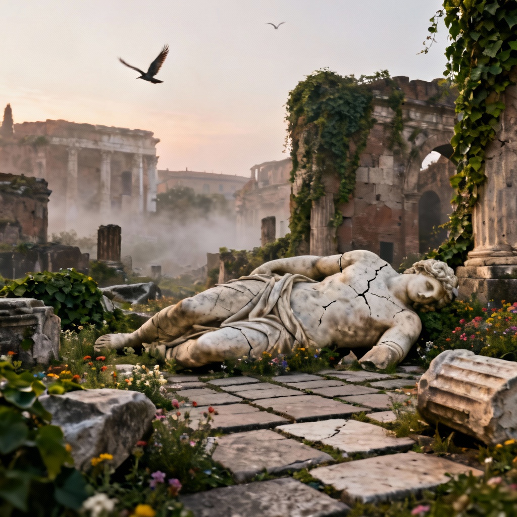 Roman forum ruins covered in ivy at dawn