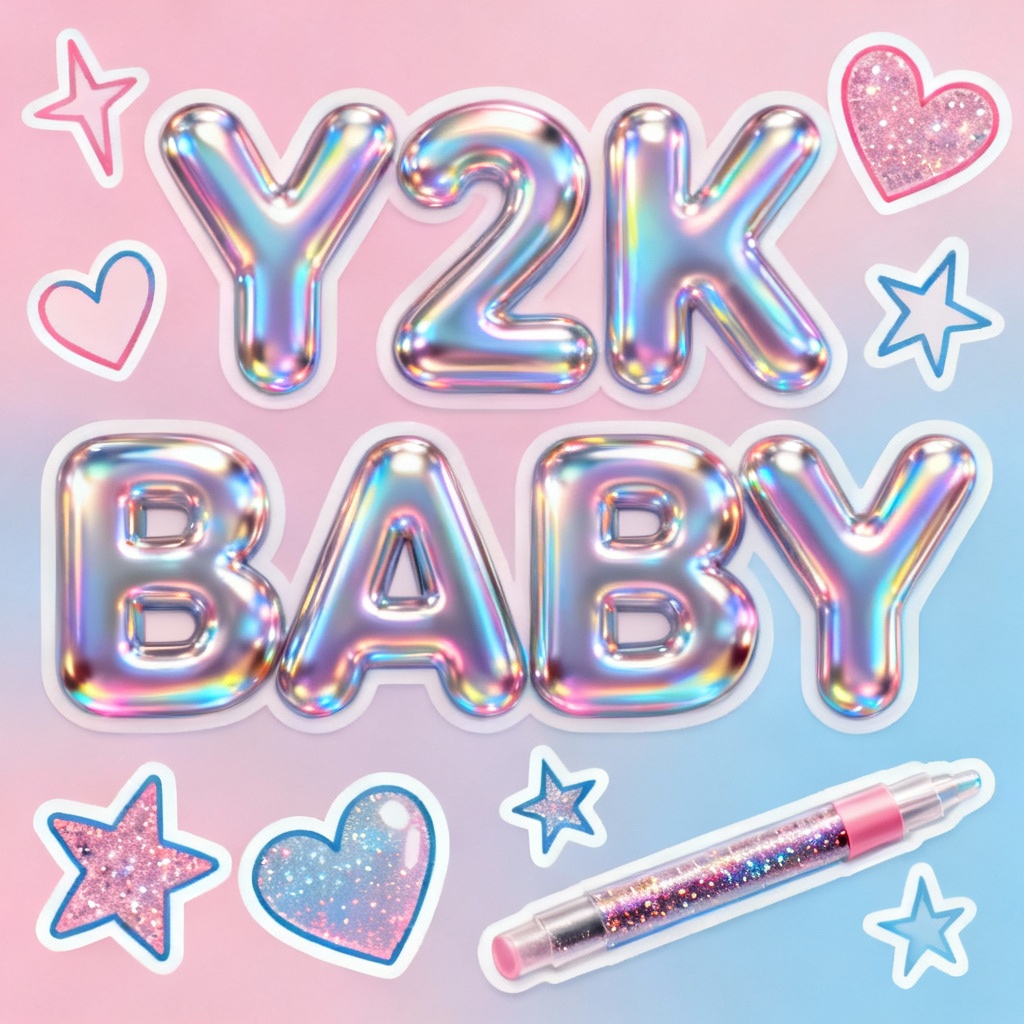 AI Y2K chrome word art sticker sheet