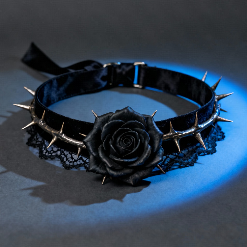 Gothic black rose choker with lace and velvet ribbon