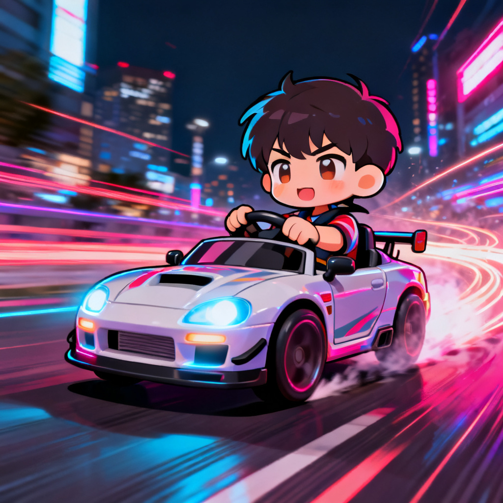 AI anime teen drifting a stylized toy sports car