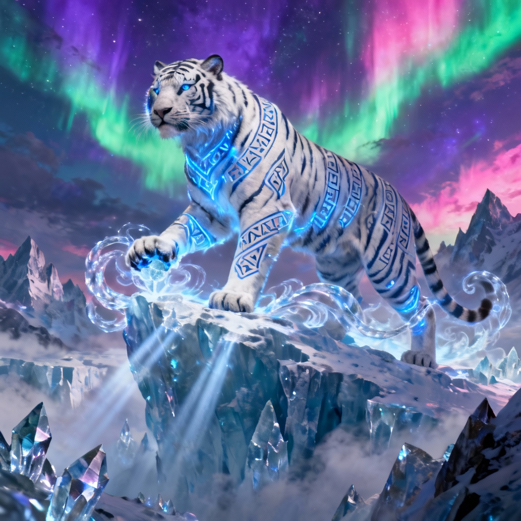 Fantasy white tiger channeling ice magic under aurora