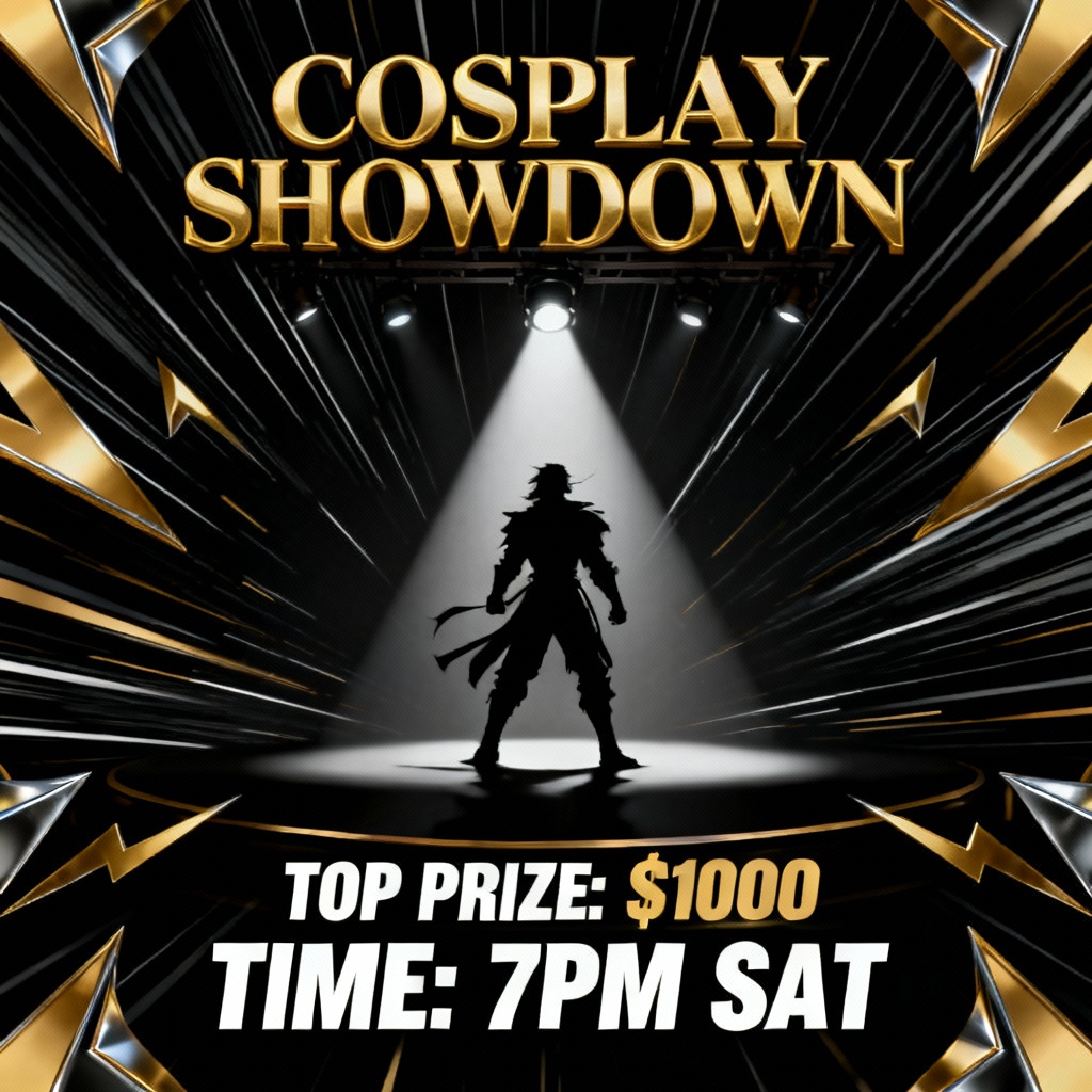 Cosplay competition flyer with dynamic motion lines and spotlight