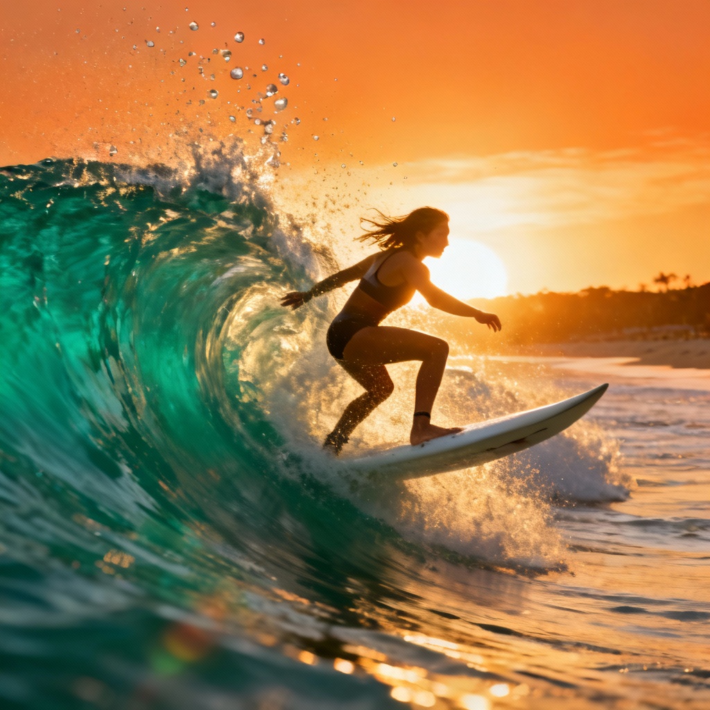 AI surfer girl charging through a sunset barrel wave