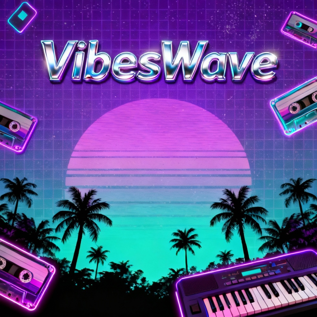 Retro vaporwave Twitch banner for music streams with chrome text