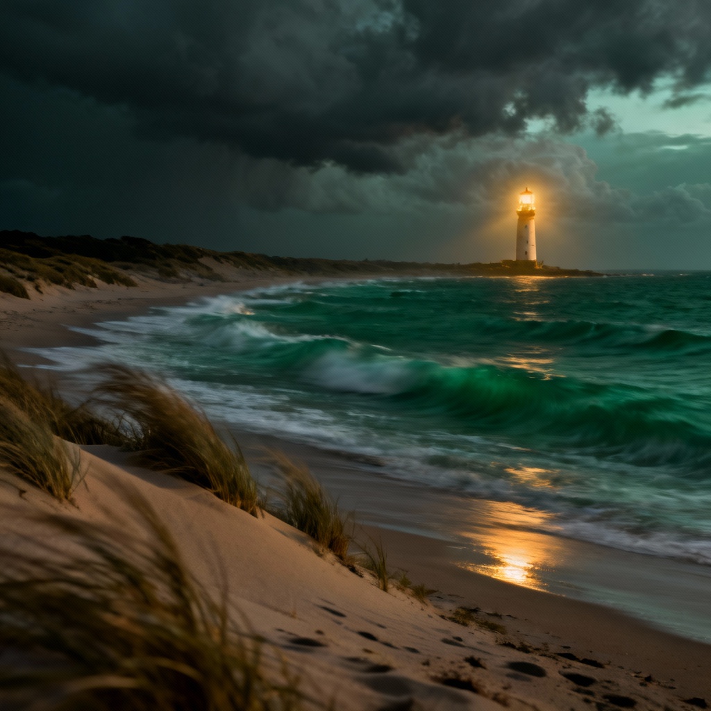 Dramatic stormy ocean beach background with lighthouse