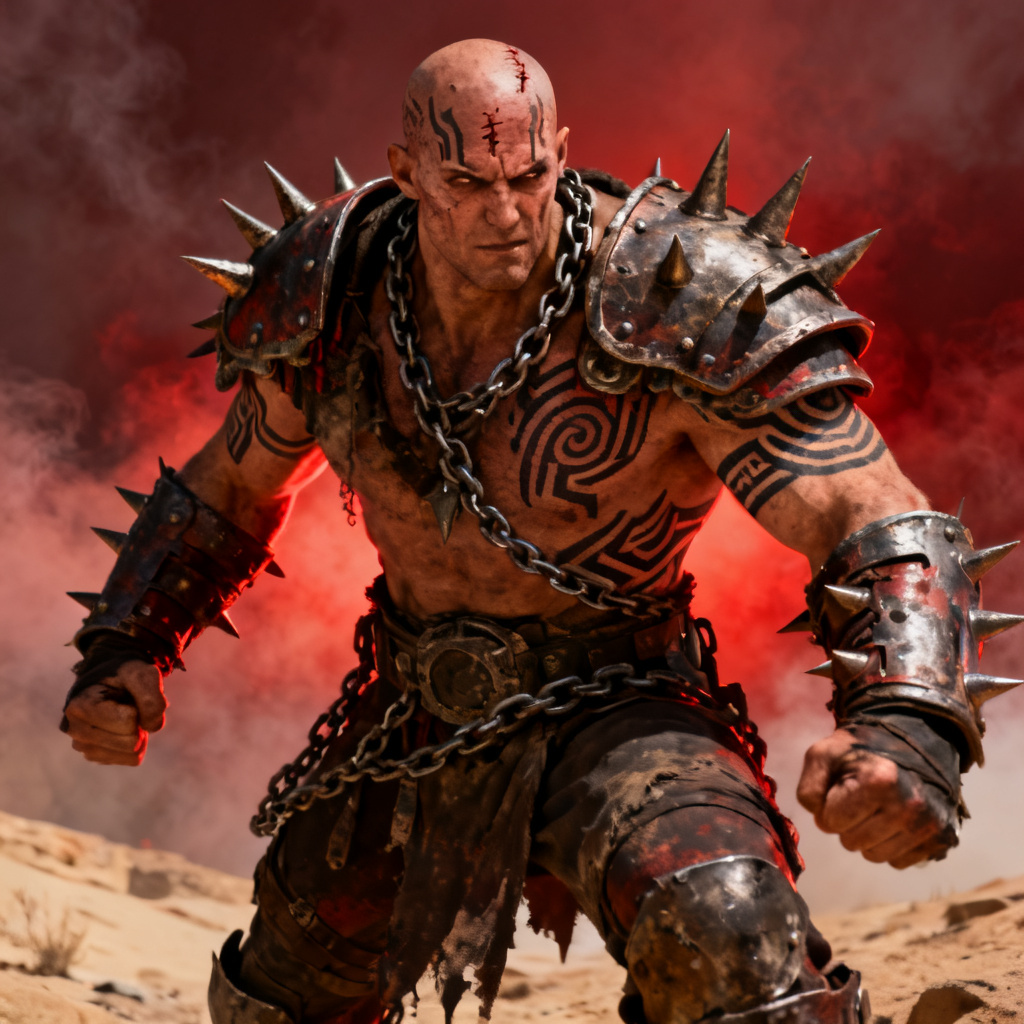 AI wasteland boss character with heavy armor