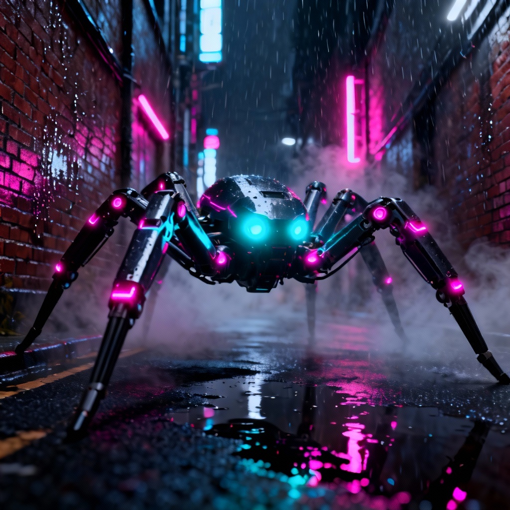 Cyberpunk mechanical spider on neon street