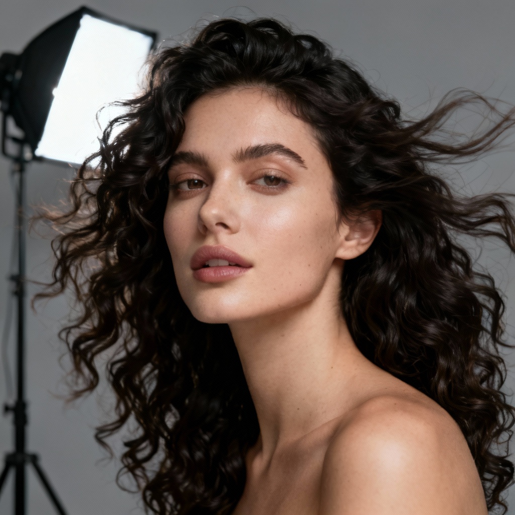 Realistic curly hair with lifted volume in studio