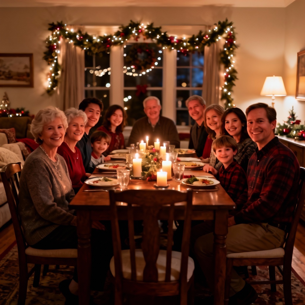 AI family holiday dinner group portrait with warm lighting