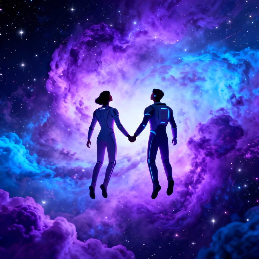 AI stylized couple floating in space amid neon nebula