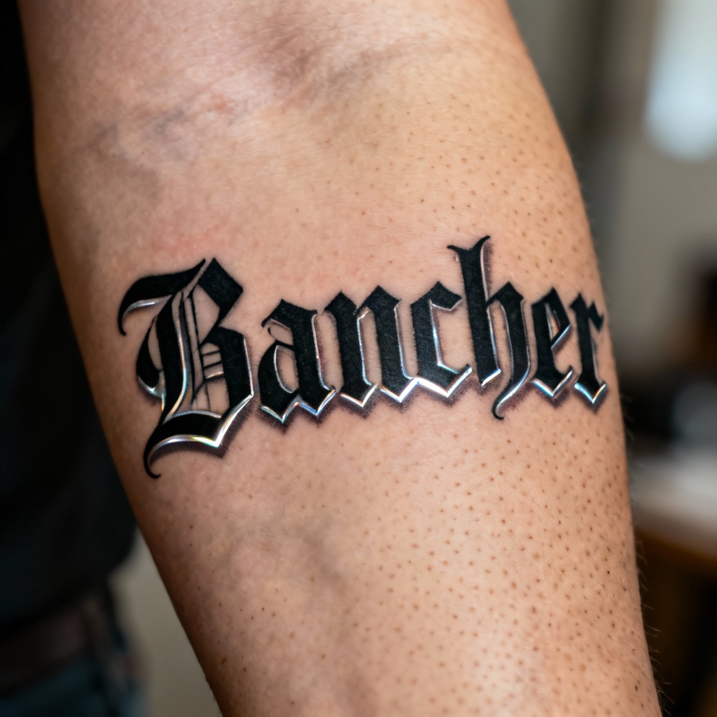 AI Old English name script tattoo with chrome outline