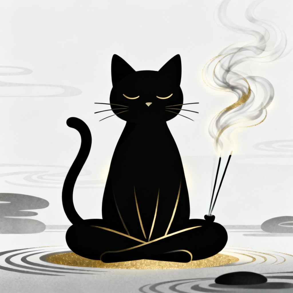 Minimalist AI black cat meditation artwork