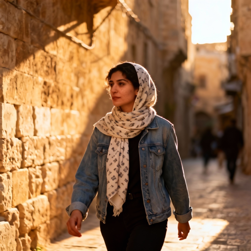 AI Levant street style portrait with denim jacket and patterned scarf