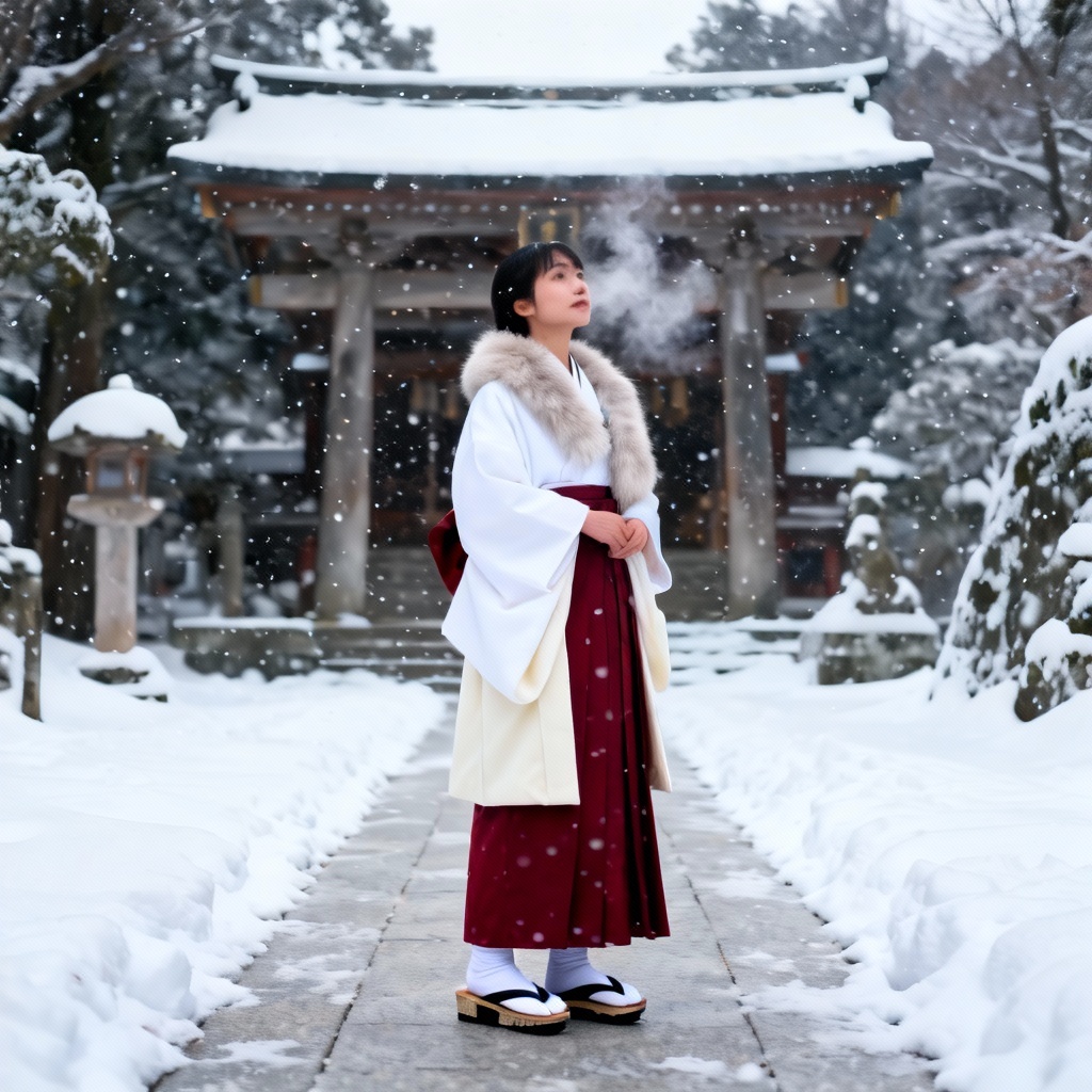 Realistic winter miko outfit with haori and snow scene
