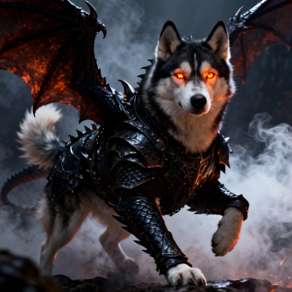 AI wicked pet cosplay of a husky in dragon armor