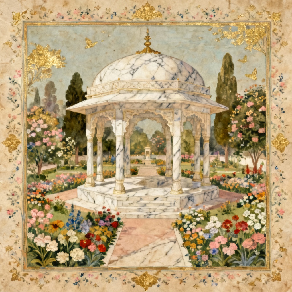 AI Mughal miniature cultural illustration of a garden pavilion