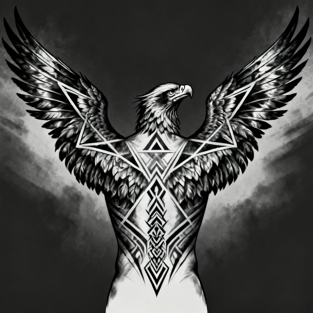 AI Blackwork Raven Back Tattoo Concept