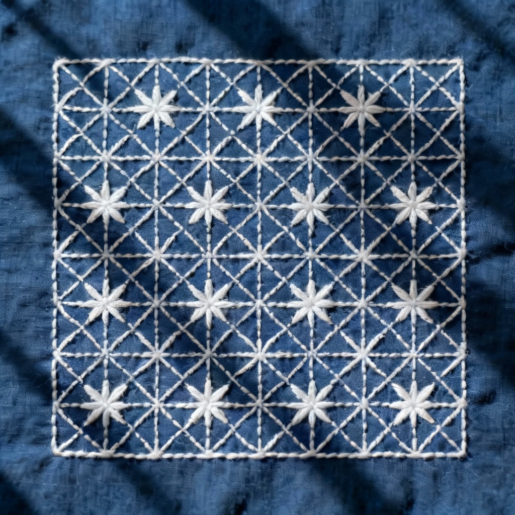 AI sashiko indigo grid embroidery sampler