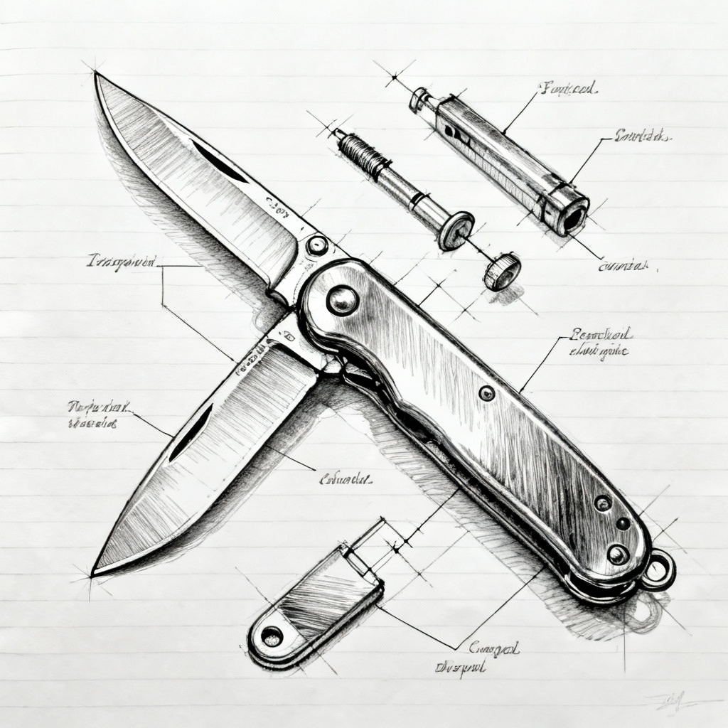 AI ballpoint pen product sketch of pocket knife