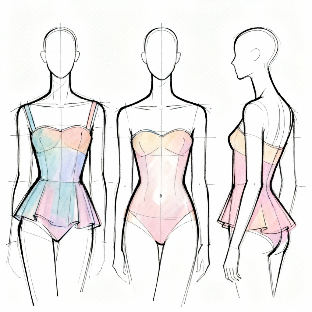 Fashion concept sheet showing graded bust-size variations on a dress