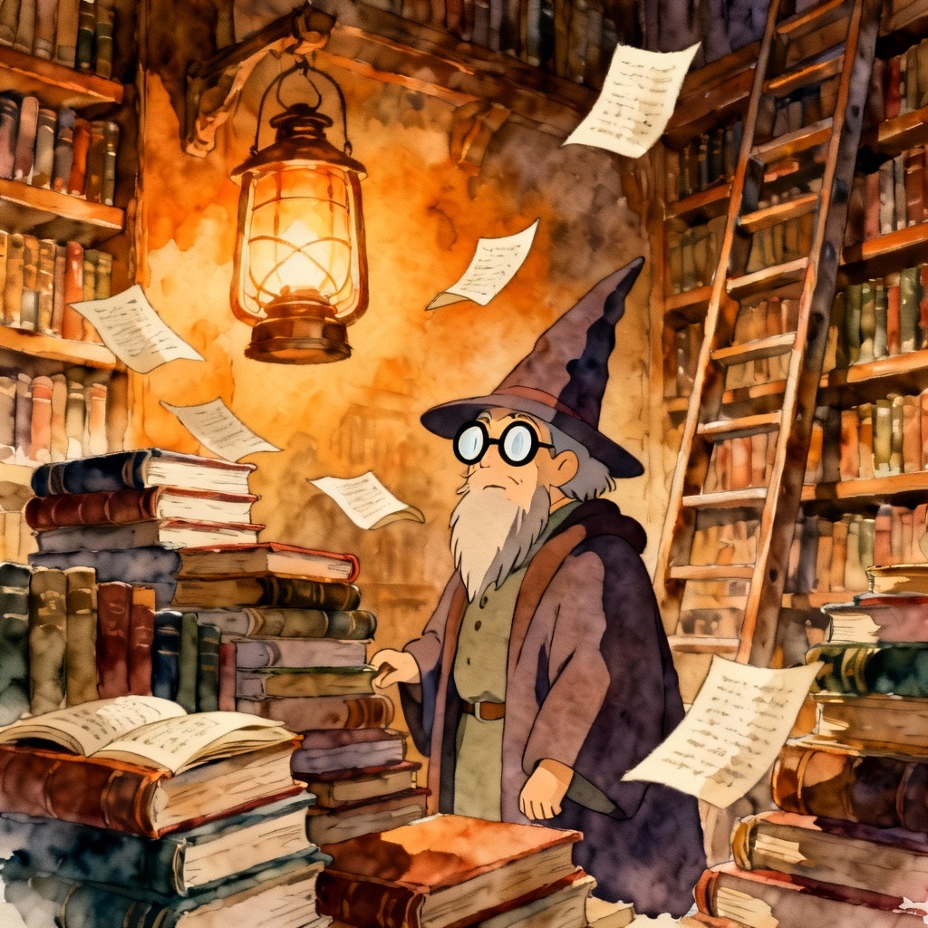 AI wizard reading in a lantern-lit library