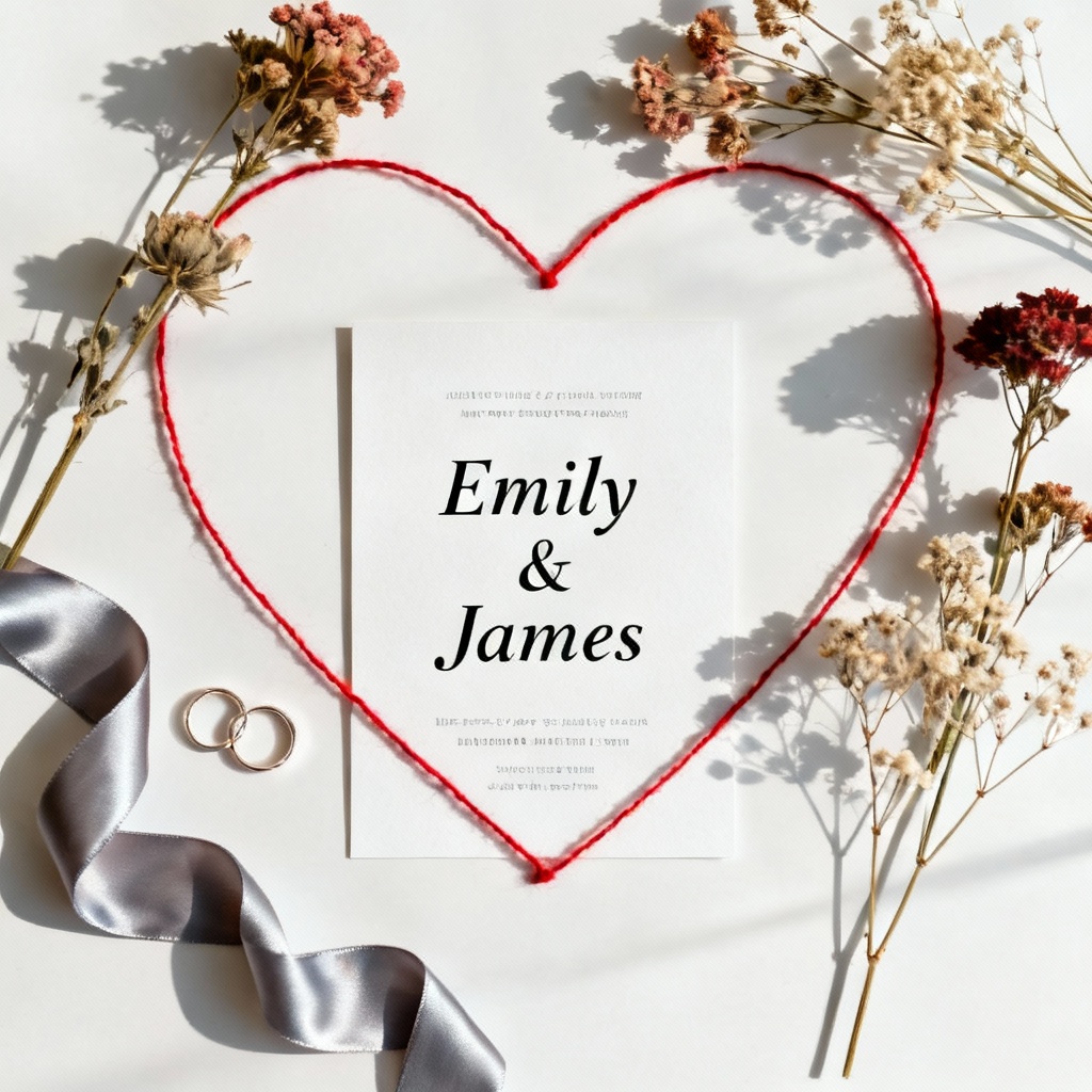 Wedding flatlay with red thread heart