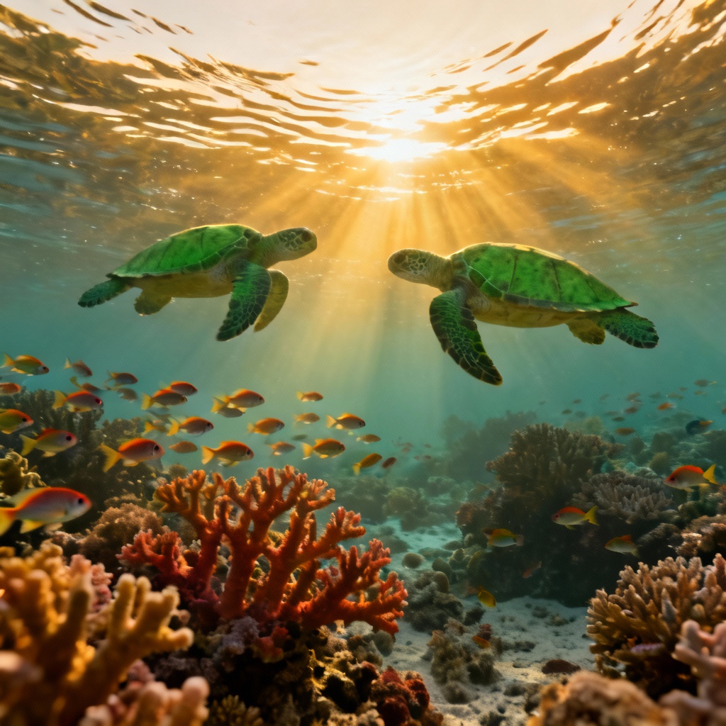 AI coral garden at sunrise with turtles and sunbeams