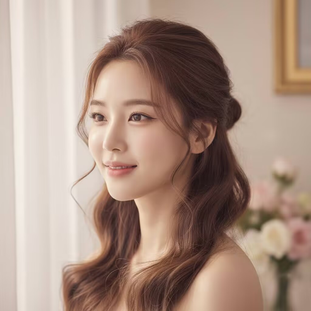 Half-up hairstyle with some loose curls